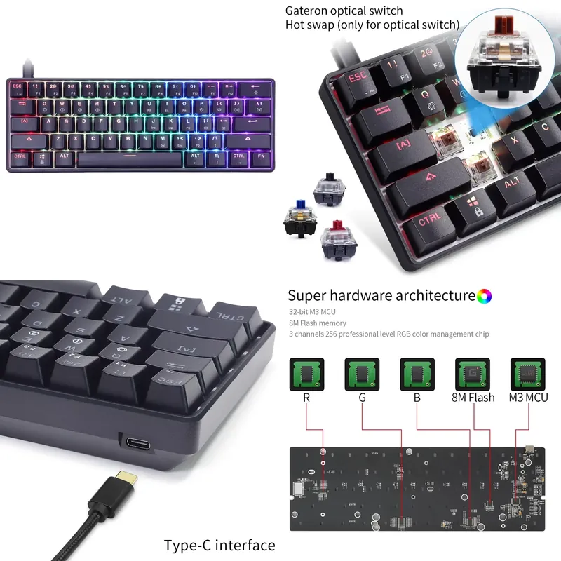 Gaming Keyboard Mini Mechanical - 드롭쉬핑 스카이룽 GK61 SK61 RGB 60%